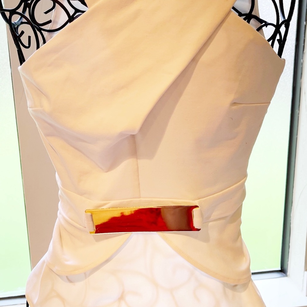 BEBE peplum top with gold metal embellishment